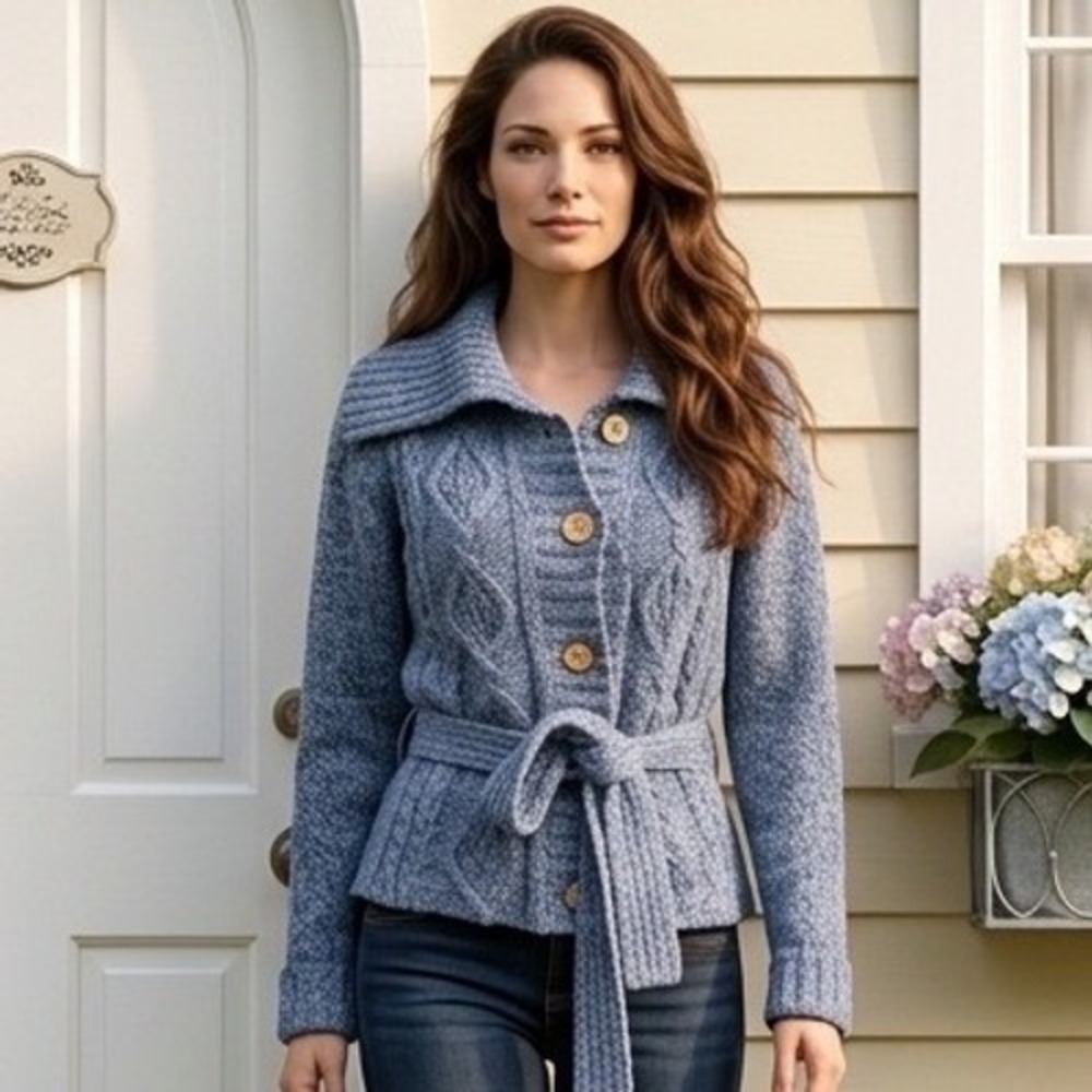 Carraig Donn Ireland Blue Wool Cable Knit Belted Cardigan Sweater Quilted Liner